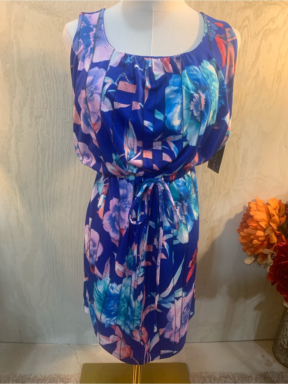Nina Leonard Royal Blue Floral Tie-Waist Midi Dress